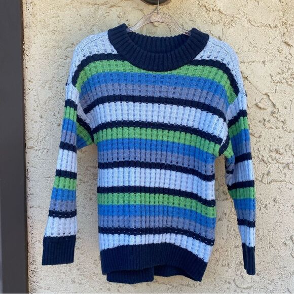 Chunky SO size extra small blue green striped sweater preppy - Picture 1 of 6